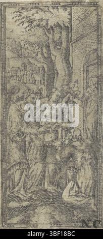 Die Niederlande, Geschichten aus dem Bibelbuch Genesis, Abraham und die drei Engel, Niederlande, Recto unter rechts - gestempelt empfängt Abraham die drei Engel vor seinem Haus und kniet vor ihnen nieder. Sie versprechen ihm, dass er einen Sohn mit Sara hat. Sara hört mir auf der rechten Seite in der Tür zu. In der oberen rechten Ecke der Fassade ein Verweis auf Gen. 13 im Spiegelbild, Druck, rückseitig - eingeprägt, Höhe 72 mm, Breite 34 mm, Druckerei, 1500 - 1600, Papier, Gravur, Gravur (Druckverfahren) Stockfoto