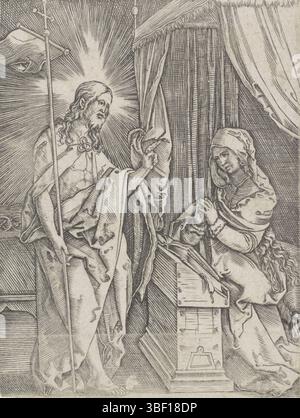 Dürer, Albrecht, Christus erscheint seiner Mutter, rückseitig gestempelt, der auferstandene Christus erscheint mit einem Banner in der Hand und er grüßt seine Mutter Maria, die für einen Leser kniet., Druck, 126 mm, Breite 97 mm, Druckerei, 1481 - 1578, Papier, Gravur, Gravur (Druckverfahren), Arbeitskonzept, Deutsch, 24. 05. 1471 - 5. 04. 1528 Stockfoto