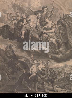 Französische Krone, Paris, Nattier, Jean-Baptiste, Rubens, Peter Paul, Frankreich, Duchange, Gaspard, La ville de Lion va audevant de la reine, die Stadt Lyon steht der Königin, der Stadt Jungfrau von Lyon in einem Triumphwagen, der von zwei Löwen gezogen wird. Im Himmel Jupiter und Juno. Allegorie beim Treffen von Marie de' Medici mit Heinrich IV. In Lyon 1608. Loser Druck auf der Rückseite des Albums., Druck, Höhe 504 mm, Breite 357 mm, 1662-04 - 1757-01-06, Drucker, 1672 - 1757, Papier, Ätzen, Gravieren, Gravur (Druckverfahren), Südholländisch, 28. Juni 1577 - 1640. 05. 30, nach dem Malen von, Französisch, 27. September 1678 - 1726-0 Stockfoto