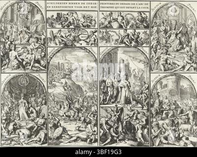 Nordholland, Hooghe, Romeyn de, Schilderyen im Meer und Ehrentore vor dem Hof, Peintures du dedans de l’Arc de triumphphe qui EST devant la Court, Gemälde auf den Triumphbögen für den Buitenhof, 1691, Nordholland, Übersicht über sechs große und vier kleine Gemälde auf den Triumphbögen, die für den Buitenhof vorbereitet wurden, 5. Februar 1691. Hauptsächlich allegorische Darstellungen der Siege des Statthalterkönigs Willem III. Und der Tugend der Königin Maria Stuart. Frederik Müller Geschichtsplatten, Höhe 326 mm, Breite 440 mm, N Stockfoto
