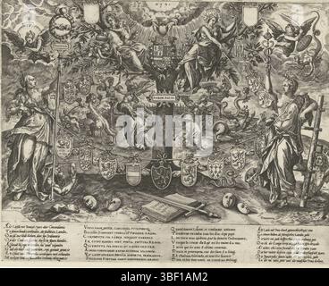 Vos, Maerten de, Zuidelijke Nederlanden, Wierix, den Boom des Verbondts, Arbor Pacis, de Boom van het Covenant, 1578, Südholland, m.o. an der Spitze des Baumes Philipps Waffe II, in der ein Herz vom Himmel gesetzt ist; in den Zweigen sind links und rechts Liebe (Charitas) und Göttliche Ordnung (Ordo Divinus), daneben jeweils ein leeres Wappen. Zusammen mit den weiblichen Charakteren der Trouw (Fiduca) und Concordia (Concordia) tragen sie eine Schnur, an der die Waffen der siebzehn Provinzen hängen. Fiduca tritt in Bedrog (Fallacia) ein und Concordia ersetzt Discordia. In der Mitte liegt auf dem Boden a b Stockfoto