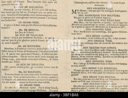 Paris, Dichteby, Pieter, Paris, Du Pré, Pierre, L'Enterrement de la Monarchie universelle de Louis XIV. par la mort du Marechal de Luxembourg, & par la Prise de Casal & de Namur, Begraaffenisse Van d'generale Monarchie van Lodewyk de XIV. durch den Niedergang der Marschalk von Luxemburg, und durch die Eroberung von Casal und Namur, Textblatt im Cartoon mit der Beerdigung der Monarchie Ludwigs XIV, 1695, Textblatt im Cartoon der Franzosen nach dem Verlust von Namur und Casale Monferrato in Italien und dem Tod von Francois Henri de Montmorency, Herzog von Luxemburg 1695. Texte in 4 Spalten in FR Stockfoto