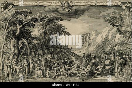 Coster, Samuel, Tecum habita, Vinckboons, David (I), Amsterdam, Visscher, Claes Jansz. II) Feier des ersten Jahres des Amsterdamer Theaters, Scène aus einem allegorischen Stück "die Götter Landspel", aufgeführt am 1. August 1618 anlässlich der Feier des ersten Jahres der ersten Amsterdam Schouwburg, der ersten Neder Deutschen Akademie, die 1617 von Samuel Coster gegründet wurde. In der Mitte sitzen die Götter zusammen, auf der rechten Seite stehen allegorische Figuren, die mit Amsterdam verbunden sind. Im Hintergrund musikalische Frauen und freie Künste. Über der Vorstellung ein Bienenstock mit der Aufschrift „Yver“; ein Stockfoto