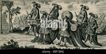 Paris, Dichteby, Pieter, Paris, Du Pré, Begraaffenisse Van d'generale Monarchie van Lodewyk de XIV. durch den Niedergang der Marschalk von Luxemburg und durch die Eroberung von Casal und Namur, L'Enterrement de la Monarchie universelle de Louis XIV. par la mort du Marechal de Luxembourg, & par la Prise de Casal & de Namur, die Beerdigung der Monarchie von Ludwig XIV, 1695, 1695. Spotprint über die Franzosen nach dem Verlust von Namur und Casale Monferrato in Italien und dem Tod von Francois Henri de Montmorency, Herzog von Luxemburg 1695. Links ist die falsche Adresse des Herausgebers in Stockfoto