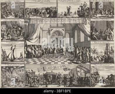 Unbekannt, Amsterdam, Robijn, Jacobus, Nordholland, Aveele, Johannes Jacobsz van den, die Proklamation der Krone von Haar Hoogheede D. H. Prince of Orange, mit der Prinzessin Maria Stuart ältester Doghter van den Koninck Iacobus de 2 Voltrocken, bei Wit Hal den 4 Maert anno 1689, Proklamation, die Krone von England dem Prinzen und Prinzessin von Orange zu opfern, 1689, unbekannt, Proklamation, Proklamation, die Krone von England dem Prinzen und Prinzen und Prinzen von Orange opfern, 1689. Zentral ein großer Teller, der die Kronen dem Statthalter Willem III. Und Mary Stuart als König und Königin von Großbritannien in t anbietet Stockfoto