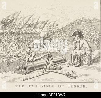 Niederlande, Rowlandson, Thomas, England, die zwei Könige des Terrors, 1813, Niederlande, verso - gestempelt, Spotprent auf Napoleon nach der verlorenen Schlacht bei Leipzig, 16.-19. Oktober 1813. Napoleon saß auf einer Trommel und Tod wie ein Skelett, ihm gegenüber sitzend auf einer Kanone, beide besiegten mit den Ellbogen auf den Knien und dem Kopf in den Händen. Das französische Feldschild mit einem Adler ist am Boden gebrochen. Links die vorrückenden Truppen der Verbündeten mit den Fahnen Preußens, Russlands und Österreichs, rechts die flüchtige französische Armee. Der Ausdruck enthält eine separate Erklärung., Druck, Zeichentrick, Druck Stockfoto