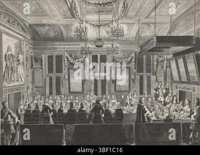 Nord-Niederlande, Zijlvelt, Anthony van, Festival für König Karl II. Von England im Mauritshuis in den Haag, 1660, Nord-Niederlande, Guestmaal bei Kerzenlicht für den englischen König Karl II. Im Mauritshuis in den Haag, 30. Mai 1660, angeboten von den Staaten Holland. Episode während seiner Tour und Abreise aus den Niederlanden. Der König sitzt zwischen seiner Tante Elisabeth, Königin von Böhmen, und seiner Schwester Maria Henrietta Stuart, Prinzessin von Orange. Im Vordergrund hinterließ der junge Prinz Wilhelm III. An der Wand das Doppelporträt von Friedrich Wilhelm I. und Louise Henriette., prin Stockfoto