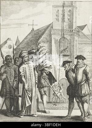 Die nördlichen Niederlande, Jan Kruyze und Willem van Deutichem wiederum im Wassenaarskooi in Hattem, 1520, Nordholland, werden Jan Kruyze, Steward von Salland und Willem van Deutichem, Pfadfinder von Deventer, im Wassenaarskooi, dem Käfig von Jan van Wassenaar, in Hattem, 1520 inhaftiert. Szene spielt unter freiem Himmel, im Hintergrund wird der Käfig an der Außenseite des Kirchturms hochgezogen, Druck, Geschichtsvermietung, Drucke, Frederik Müller Geschichtsplatten, Höhe 193 mm, Breite 145 mm, Druckerei, 1650 - 1699, drittes Viertel 17. Jahrhundert, viertes Viertel 17. Jahrhundert, Papier, Ätzen, engr Stockfoto