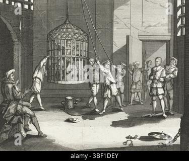 Milder, G., Noordelijke Nederlanden, Jongman, Wouter, Jan Kruyze und Willem van Deutichem wiederum bestraft im Wassenaarskooi in Hattem, 1520, Nordholland, Jan Kruyze, Steward von Salland, und Willem van Deutichem, Pfadfinder von Deventer, werden wiederum im Wassenaarskooi, dem Käfig von Jan van Wassenaar, in Hattem, 1520 inhaftiert. Szene findet im Gefängnis statt., Druck, Historiker, Drucke, Frederik Müller Geschichtsplatten, Höhe 155 mm, Breite 187 mm, Druckerei, 1719 - 1728, erstes Viertel 18. Jahrhundert, zweites Viertel 18. Jahrhundert, Papier, Ätzen, Arbeitskonzept Stockfoto