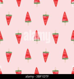 Nahtloses Aquarellmuster mit Wassermelonen-Eissorbet auf rosafarbenem Hintergrund Stockfoto