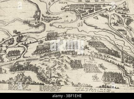 Köln, Hogenberg, Frans, Serie 4: Französische, deutsche und englische Ereignisse, 1576–1610, Dieppe befreit von Heinrich IV., 1590, Belagerung Dieppe bestürzt von Heinrich IV., 11. Februar 1590. Die Schlacht im Vordergrund, in der Ferne eine Karte der Stadt Dieppe aus der Vogelperspektive. Mit 8 Zeilen auf Deutsch und 2 Zeilen auf Französisch. Nicht Nummeriert. Blatt von einem Album, das auseinandergenommen wurde. Rechts oben nummeriert (in Stift): 225., Druck, Frederik Müller Geschichtsplatten, Höhe 210 mm, Breite 280 mm, Niederländisch, Deutsch, 1540 - 1590, Druckerei, 1590 - 1592, viertes Viertel 16. Jahrhundert, Papier, Ätzen, Stockfoto