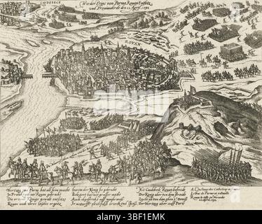 Köln, Hogenberg, Frans, Serie 4: Französische, deutsche und englische Ereignisse, 1576–1610, wie der Prins von Parma Rouan Entsetz und Providandirdr den 22. April 1592, Rouen vom Herzog von Parma ermordet, 1592, Rouen vom Herzog von Parma ermordet und mit Vorräten versehen, 22. April 1592. Rechts ziehen die Truppen des Herzogs von Parma in die Stadt, im Vordergrund heben die Truppen des Königs ihre Belagerung auf und ziehen ab. Mit 12 Linien auf Deutsch und 3 Linien auf Französisch. Nicht Nummeriert. Blatt von einem Album, das auseinandergenommen wurde. Nummeriert oben rechts (in Stift): 24(.)., Print, News, Prints, Frederik Mu Stockfoto