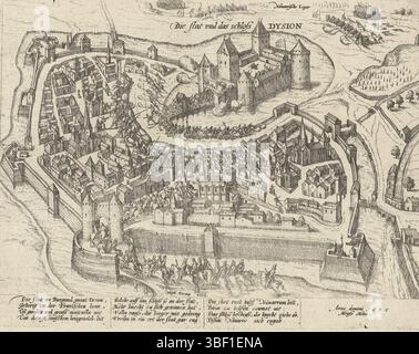 Köln, Hogenberg, Frans, Serie 4: Französische, deutsche und englische Ereignisse, 1576–1610, Biron bestürzte Dijon vor Heinrich IV. 1595, entwaffnet von den Truppen König Heinrich IV. Unter dem Kommando von Biron, Mai 1595. Mit 12 Zeilen auf Deutsch, nummeriert. Blatt von einem Album, das auseinandergenommen wurde. Rechts oben nummeriert (in Stift): 2(...), Print, News, Prints, Frederik Müller Geschichtsschilder, Höhe 210 mm, Breite 280 mm, Niederländisch, Deutsch, 1540 - 1590, Druckerei, 1595 - 1597, viertes Viertel 16. Jahrhundert, Papier, Ätzen, Ätzen Stockfoto