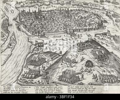 Köln, Hogenberg, Frans, Serie 4: French, German and English Events, 1576–1610, die belagerung vor Ruan angefange[n] am 8. oktober. 1591, Belagerung von Rouen, 1591, Belagerung von Rouen durch die Truppen des Königs, begann am 8. Oktober 1591. Stellen Sie sich der ummauerten Stadt und den belagerten Truppen, die sie umgeben. Mit 12 Zeilen auf Deutsch. Unnummeriert, Print, News, Albummagazin, Prints, Frederik Müller Geschichtsplatten, Höhe 215 mm, Breite 280 mm, Niederländisch, Deutsch, 1540 - 1590, Druckerei, 1591 - 1612, 4. Quartal 16. Jahrhundert, 1. Quartal 17. Jahrhundert, Papier, Ätzen, Ätzen Stockfoto