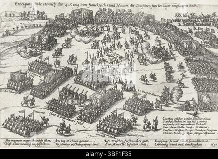 Köln, Hogenberg, Frans, Serie 4: Französische, deutsche und englische Ereignisse, 1576–1610, Erzeigung wie Henrich der 4, König von Franckreich unnd Navarr, der teutschen fursten Lower empfangen hatt, Besuch Heinrichs IV. Bei der deutschen Armee, 1591, Aufnahme Heinrichs IV. Und seiner Truppen bei der deutschen Armee, 1591. Mit 8-zeiliger Unterschrift auf Deutsch. Unnummeriert, Print, News, Albummagazin, Prints, Frederik Müller Geschichtsplatten, Höhe 215 mm, Breite 280 mm, Niederländisch, Deutsch, 1540 - 1590, Druckerei, 1591 - 1612, 4. Quartal 16. Jahrhundert, 1. Quartal 17. Jahrhundert, Papier, Ätzen, Ätzen Stockfoto