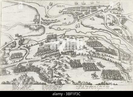 Köln, Hogenberg, Frans, Serie 4: Französische, deutsche und englische Ereignisse, 1576–1610, Dieppe befreit von Heinrich IV., 1590, Belagerung Dieppe bestürzt von Heinrich IV., 11. Februar 1590. Die Schlacht im Vordergrund, in der Ferne eine Karte der Stadt Dieppe aus der Vogelperspektive. Mit 8 Linien auf Deutsch und 2 Linien auf Französisch. Unnummeriert, Print, News, Albummagazin, Prints, Frederik Müller Geschichtsplatten, Höhe 215 mm, Breite 280 mm, Niederländisch, Deutsch, 1540 - 15900, Druckerei, 1590 - 1612, 4. Quartal 16. Jahrhundert, 1. Quartal 17. Jahrhundert, Papier, Ätzen, Ätzen Stockfoto