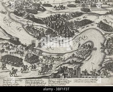 Köln, Hogenberg, Frans, Serie 4: Französische, deutsche und englische Ereignisse, 1576–1610, Parmakreuze bei Caudebec de seine, 1592, die Armee des Herzogs von Parma kreuzt auf Flößen bei Caudebec de seine, 10. Mai 1592. Direkt unter Rouen und König Heinrich IV. Mit 12 Linien auf Deutsch und 2 Linien auf Französisch. Unnummeriert, Print, News, Albummagazin, Prints, Frederik Müller Geschichtsplatten, Höhe 215 mm, Breite 280 mm, Niederländisch, Deutsch, 1540 - 1590, Druckerei, 1592 - 1612, 4. Quartal 16. Jahrhundert, 1. Quartal 17. Jahrhundert, Papier, Ätzen, Ätzen Stockfoto