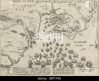 Köln, Hogenberg, Frans, Serie 4: French, German and English Events, 1576–1610, Gades oder Cales males durch die Engelschen und Hollender besprungen, Belagerung von Cadiz durch die Engländer und Holländer, 1625, 1. Dezember 1625. Karte der Küste in der Nähe von Cadiz und Umgebung mit der englischen Flotte im Vordergrund. Direkt über der Straße von Gibraltar. Mit 12 Zeilen auf Deutsch, nummeriert. Wiederveröffentlichung der Originalaufführung mit den Ereignissen von 1596., Print, News, Album Magazin, Prints, Frederik Müller historische Aufzeichnungen, Höhe 215 mm, Breite 280 mm, Niederländisch, Deutsch, 1540 - 1590, Druckerei, 1596 - 1612, fo Stockfoto