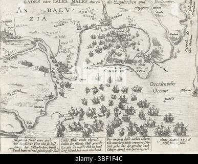 Köln, Hogenberg, Frans, Serie 4: French, German and English Events, 1576–1610, Gades oder Cales males durch die Engelschen und Hollender einged, Belagerung von Cadiz durch die Engländer und Holländer, 1596, Juni und Juli 1596. Karte der Küste in der Nähe von Cadiz und Umgebung mit der englischen Flotte im Vordergrund. Direkt über der Straße von Gibraltar. Mit 12 Zeilen auf Deutsch. Nicht nummeriert, drucken, Nachrichten, Albumsheet, Ausdrucke, Frederik Müller Geschichtsplatten, Höhe 215 mm, Breite 280 mm, Niederländisch, Deutsch, 1540 - 1590, Druckerei, 1596 - 1612, viertes Viertel 16. Jahrhundert, erstes Viertel 17. Jahrhundert, Papier, Ätzen, Stockfoto