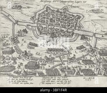 Köln, Hogenberg, Frans, Serie 4: Französische, deutsche und englische Ereignisse, 1576–1610, Abreissung des Navarricen Army for Amiens, Belagerung von Amiens durch Heinrich IV., 1597. Stellen Sie sich den Armeen über der ummauerten Stadt. Mit 8-zeiliger Unterschrift auf Deutsch. Unnummeriert, Print, News, Albummagazin, Prints, Frederik Müller Geschichtsplatten, Höhe 215 mm, Breite 280 mm, Niederländisch, Deutsch, 1540 - 1590, Druckerei, 1597 - 1612, 4. Quartal 16. Jahrhundert, 1. Quartal 17. Jahrhundert, Papier, Ätzen, Ätzen Stockfoto
