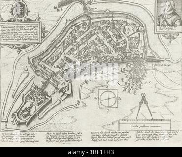 Köln, Hogenberg, Französisch, Serie 10: Niederländische und ausländische Ereignisse, 1587–1612, Ludwig von Nassau eroberte Wachtendonk, 1600, Eroberung Wachtendonks durch die Staatsarmee unter Ludwig Gunther, Graf von Nassau, 23. Januar 1600. Blick auf die ummauerte Stadt, oben rechts Wette mit Porträt von Louis von Nassau, oben links eine Kartusche mit Text. Direkt unter einem Kompass mit Skala. Mit 16 Linien auf Deutsch. Nicht nummeriert, drucken, Zeitungsdruckpapier, Albumsheet, Ausdrucke, Frederik Müller Geschichtsplatten, Höhe 210 mm, Breite 280 mm, Niederländisch, Deutsch, 1540 - 1590, Druckerei, 1600 - 1602, 1. Quartal 17. Jahrhundert, Papier, Ätzung, Gravur, Stockfoto