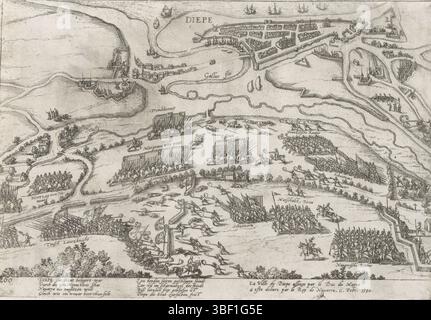 Köln, Hogenberg, Frans, Serie 4: Französische, deutsche und englische Ereignisse, 1576–1610, Dieppe befreit von Heinrich IV., 1590, Belagerung Dieppe bestürzt von Heinrich IV., 11. Februar 1590. Die Schlacht im Vordergrund, in der Ferne eine Karte der Stadt Dieppe aus der Vogelperspektive. Mit 8 Linien auf Deutsch und 2 Linien auf Französisch. Unten links nummeriert: 260. Der Druck ist Teil eines Albums., Druck, Verleih der Geschichte, Albummagazin, Abzüge, Frederik Müller historische Aufzeichnungen, Höhe 196 mm, Breite 287 mm, Niederländisch, Deutsch, 1540 - 15900, Druckmaschine, 1590 - 1612, Papier, Ätzen, Ätzen Stockfoto