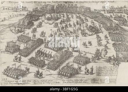 Köln, Hogenberg, Frans, Serie 4: Französische, deutsche und englische Ereignisse, 1576–1610, Erzeigung wie Henrich der 4, König von Franckreich unnd Navarr, der teutschen fursten Lower empfangen hatt, Besuch Heinrichs IV. Bei der deutschen Armee, 1591, Aufnahme Heinrichs IV. Und seiner Truppen bei der deutschen Armee, 1591. Mit einer Unterschrift von 8 Zeilen auf Deutsch. Links nummeriert: 278. Der Druck ist Teil eines Albums., Druck, Verleih der Geschichte, Albummagazin, Abzüge, Frederik Müller historische Aufzeichnungen, Höhe 170 mm, Breite 262 mm, Niederländisch, Deutsch, 1540 - 1590, Druckmaschine, 1591 - 1593, Papier, Ätzen, Ätzen Stockfoto