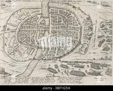Köln, Hogenberg, Frans, Serie 4: Französische, deutsche und englische Ereignisse, 1576–1610, Pareis vom könig Navarro besiegeert, und entsatzt durch den Princcz von Parma, Paris belagert von Heinrich IV. Und verärgert durch Parma, 1590, Paris belagert von König Heinrich IV. Und bestürzt durch den Herzog von Parma, 19. August 1590. Karte der Stadt Paris mit dem Standort der Truppen Heinrichs IV. Und des Herzogs von Parma. Mit der Überschrift von 12 Zeilen auf Deutsch. 266. Der Druck ist Teil eines Albums., Druck, Verleih der Geschichte, Albummagazin, Abzüge, Frederik Müller historische Aufzeichnungen, Höhe 212 mm, Breite 283 mm, Niederländisch, Deutsch, 1540 - 1590 Stockfoto