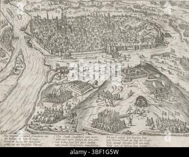 Köln, Hogenberg, Frans, Serie 4: French, German and English Events, 1576–1610, die belagerung vor Ruan angefange[n] am 8. oktober. 1591, Belagerung von Rouen, 1591, Belagerung von Rouen durch die Truppen des Königs, begann am 8. Oktober 1591. Stellen Sie sich der ummauerten Stadt und den belagerten Truppen, die sie umgeben. Unten links nummeriert: 276. Der Ausdruck ist Teil eines Albums., drucken, historyrent, Albumsheet, Ausdrucke, Frederik Müller Historyplates, Höhe 213 mm, Breite 275 mm, Niederländisch, Deutsch, 1540 - 1590, Druckmaschine, 1591 - 1593, Papier, Ätzen, Ätzen Stockfoto
