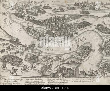 Köln, Hogenberg, Frans, Serie 4: Französische, deutsche und englische Ereignisse, 1576–1610, Parmakreuze bei Caudebec de seine, 1592, die Armee des Herzogs von Parma kreuzt auf Flößen bei Caudebec de seine, 10. Mai 1592. Direkt unter Rouen und König Heinrich IV. Mit 12 Zeilen auf Deutsch und 2 Zeilen auf Französisch. 287. Der Druck ist Teil eines Albums., Print, Historiker, Albummagazin, Prints, Frederik Müller historische Aufzeichnungen, Höhe 221 mm, Breite 287 mm, Niederländisch, Deutsch, 1540 - 1590, Druckmaschine, 1592 - 1594, Papier, Ätzen, Ätzen Stockfoto