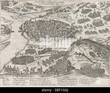 Köln, Hogenberg, Frans, Serie 4: Französische, deutsche und englische Ereignisse, 1576–1610, wie der Prins von Parma Rouan Entsetz und Providandirdr den 22. April 1592, Rouen vom Herzog von Parma ermordet, 1592, Rouen vom Herzog von Parma ermordet und mit Vorräten versehen, 22. April 1592. Rechts ziehen die Truppen des Herzogs von Parma in die Stadt, im Vordergrund heben die Truppen des Königs ihre Belagerung auf und ziehen ab. Mit 12 Zeilen auf Deutsch und 3 Zeilen auf Französisch. 286. Der Druck ist Teil eines Albums., Druck, Verleih der Geschichte, Albummagazin, Abzüge, Frederik Müller Geschichtsbücher, heig Stockfoto