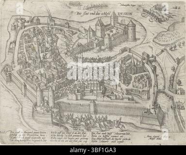 Köln, Hogenberg, Frans, Serie 4: Französische, deutsche und englische Ereignisse, 1576–1610, Biron bestürzte Dijon vor Heinrich IV. 1595, entwaffnet von den Truppen König Heinrich IV. Unter dem Kommando von Biron, Mai 1595. Mit der Überschrift von 12 Zeilen auf Deutsch. 306. Der Ausdruck ist Teil eines Albums., Druck, Zeitungsdruckpapier, Albumsheet, Abzüge, Frederik Müller Geschichtsplatten, Höhe 215 mm, Breite 283 mm, Niederländisch, Deutsch, 1540 - 1590, Druckmaschine, 1595 - 1597, Papier, Ätzen, Ätzen Stockfoto