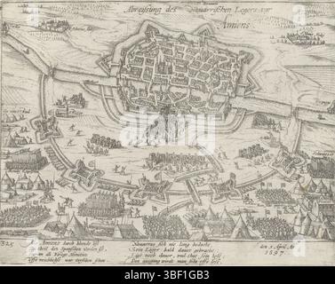 Köln, Hogenberg, Frans, Serie 4: Französische, deutsche und englische Ereignisse, 1576–1610, Abreissung des Navarricen Army for Amiens, Belagerung von Amiens durch Heinrich IV., 1597. Stellen Sie sich den Armeen über der ummauerten Stadt. Mit 8-zeiliger Unterschrift auf Deutsch. Unten links nummeriert: 325. Der Ausdruck ist Teil eines Albums., Druck, Zeitungsdruckpapier, Albumsheet, Ausdrucke, Frederik Müller historische Aufzeichnungen, Höhe 216 mm, Breite 275 mm, Niederländisch, Deutsch, 1540 - 1590, Druckerei, 1597 - 1599, viertes Viertel 16. Jahrhundert, Papier, Ätzen, Ätzen Stockfoto