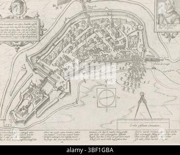 Köln, Hogenberg, Französisch, Serie 10: Niederländische und ausländische Ereignisse, 1587–1612, Ludwig von Nassau eroberte Wachtendonk, 1600, Eroberung Wachtendonks durch die Staatsarmee unter Ludwig Gunther, Graf von Nassau, 23. Januar 1600. Sehen Sie sich der ummauerten Stadt an, oben rechts eine Wette mit dem Porträt von Louis von Nassau, oben links eine Kartusche mit Text. Direkt unter einem Kompass mit Skala. Mit 16 Linien auf Deutsch. Links nummeriert: 333. Der Ausdruck ist Teil eines Albums., Druck, Zeitungsdruckpapier, Albumsheet, Ausdrucke, Frederik Müller historische Aufzeichnungen, Höhe 218 mm, Breite 275 mm, Niederländisch, Deutsch, 1540 - 1590, Druckerei, 1600 - 1602, vierter Qua Stockfoto