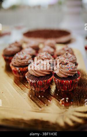 Ein Nahaufnahme-Foto von mehreren Schokoladen-Cupcakes auf einem goldfarbenen Tablett. Die Cupcakes werden mit einer reichhaltigen Schokoladenbuttercreme übergossen und garniert Stockfoto