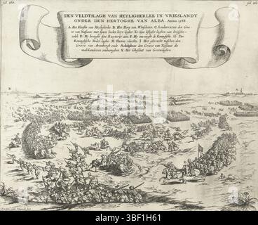 Antwerpen, Cnobbaert, Maria, Deutschland, Baur, Johann Wilhelm, Südholland, Wijngaerde, Frans van den, den Pitchslash van Heyligherlee in Vrieslandt unter der hertoghe von Alba. Anno 1568, Schlacht bei Heiligerlee, 1568, Antwerpen, 23. Mai 1568. Stellen Sie sich dem Schlachtfeld, in der Mitte die Toten von Graf Adolf und Graf von Arenberg. Top of a Band mit dem Titel und der Legende A-K auf Niederländisch., Druck, Geschichte, Drucke, Frederik Müller historische Aufzeichnungen, Höhe 264 mm, Breite 324 mm, Südholländisch, 08.07.1614 - 17.03.1679, Printmaker, 1643 - 1645, 2. Quartal 17. Jahrhundert, 3. Quartal 17. Jahrhundert, Papst Stockfoto