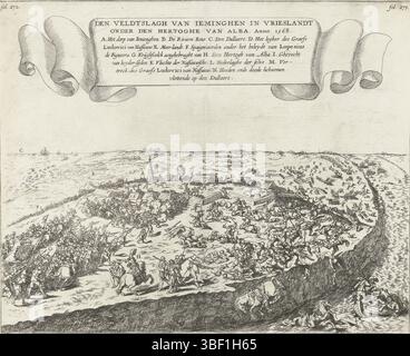 Niederlande, Cnobbaert, Maria, Deutschland, Baur, Johann Wilhelm, Südholland, Wijngaerde, Frans van den, den pitchslagh van Iemingen in Vrieslandt unter den hertoghe van Alba. Anno 1568, Schlacht bei Jemmingen, 1568, Niederlande, 21. Juli 1568. Die Armee Ludwigs von Nassau wird von Alva in der Nähe des Dorfes Jemmingen besiegt. Rechts der Fluss Eems mit Ruderbooten mit Überlebenden. Auf einem Zander mit dem Titel und der Legende A-N in Niederländisch., Druck, Frederik Müller Historyplaten, Höhe 261 mm, Breite 322 mm, Zuid-Nederlands, 08.07.1614, 17.03.1679, Druckerei, 1643-1645, 1. Quartal 17. cen Stockfoto