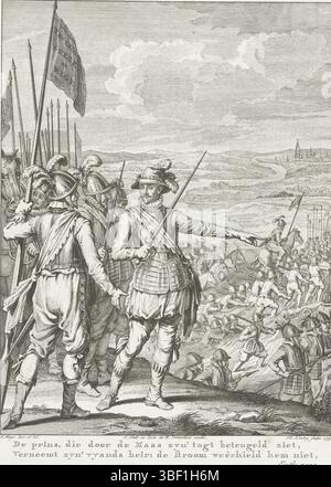 Amsterdam, Smit, Jan Willem, Amsterdam, J. Vermandel, Willem, Buys, Jacobus, Noordelijke Nederlanden, Koning, Theodoor, Taferelen uit het leven van Prinz Willem I., 1568-1584, de Prince, die Door de Maas zyn' togt beteugeld, verheert zyn' vyands Erbe: die Macht hielt ihn nicht, die Armee des Prinzen überquert die Maas, 1568, Nordholland, Willem van Oranje, stehend im Vordergrund zwischen seinen Offizieren, zeigt seiner Armee den Weg beim Überqueren der Maas, Oktober 1568. Erster Gesang., Druck, Historiker, Drucke, Frederik Müller Geschichtsplatten, Höhe 275 mm, Breite 220 mm, 03.02.1748 - 31.01.1829 Stockfoto