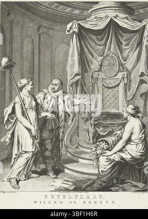 Amsterdam, Smit, Jan Willem, Amsterdam, Vermandel, Willem, Buys, Jacobus, Noordelijke Nederlanden, Brouwer, Cornelis, Taferelen aus dem Leben von Prinz Willem I., 1568-1584, Tytelplaat. Willem de Eerste, Titelschild, Nordholland, Titelschild für die Serie Szenen aus dem Leben von Prinz Willem I., 1568-1584. Der Prinz von Orange führt die niederländische Jungfrau mit Lanze und Freiheitshut auf ihren Thron., Druck, Historiker, Drucke, Frederik Müller Geschichtsplatten, Höhe 275 mm, Breite 220 mm, Nord-Nederlands, 1735 - 1803-03-31, Druckerei, 1788 - 1788, 4. Quartal 18. Jahrhundert, Papier, Ätzen, wo Stockfoto