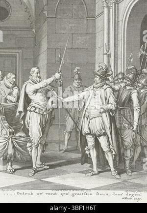 Amsterdam, Smit, Jan Willem, Amsterdam, J. Vermandel, Willem, Buys, Jacobus, Noordelijke Nederlanden, Koning, Theodoor, Taferelen uit het leven van Prinz Willem I., 1568–1584, Opdruk uw' kord zyn' greatsetn ondersteun, deez' degen!, Egmond übergibt seinen degen an Alva, 1567, Nordholland, als er verhaftet wurde, übergab der Graf von Egmond sein Schwert an Alva, 10. September 1567. Zweiter Gesang., Druck, Historiker, Drucke, Frederik Müller Geschichtsplatten, Höhe 275 mm, Breite 220 mm, 1748-02-03-1829-31, Printmaker, 1779 - 1779, viertes Viertel 18. Jahrhundert, Papier, Ätzen, Work con Stockfoto
