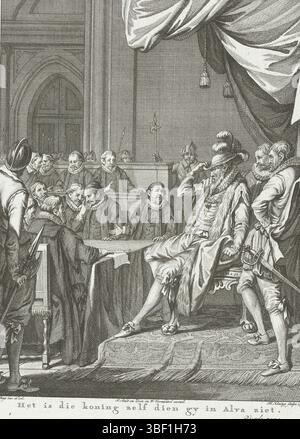 Amsterdam, Smit, Jan Willem, Amsterdam, J. Vermandel, Willem, Buys, Jacobus, Noordelijke Nederlanden, Koning, Theodoor, Taferelen uit het leven van Prinz Willem I., 1568–1584, Het is de King zelf die gy in Alva ziet, Alva aan de Tiende Penning op, 1569, Nordholland, de Duke of Alva aan een vergaad van de Staten op de Tiende Penning op., 1569. Vierter Gesang, Druck, Historiker, Drucke, Frederik Müller Geschichtsplatten, Höhe 275 mm, Breite 220 mm, 1748-02-1829 31, Druckerei, 1779 - 1779, viertes Viertel 18. Jahrhundert, Papier, Ätzen, Ätzen, Werkkonzeption, Noord-Nederlands, 1724-1 Stockfoto