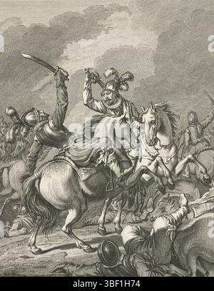 Buys, Jacobus, Buys, Nordholland, King, Theodoor, Bilder aus dem Leben von Prinz Willem I., 1568-1584, Kampf zwischen Graf Hendrik und Romero, Ao. 1574, Kampf zwischen Romero und Hendrik van Nassau bei Mons, 1572, Kampf zwischen Romero und Hendrik, Graf Nassau, beide zu Pferd, während der Schlacht um Mons, 1572. Sechste Stimme., Print, Historiker, Prints, Frederik Müller History Records, Höhe 185 mm, Breite 150 mm, 02.02.03 - 1748 1829-01-31, Printmaker, 1780 - 17800, viertes Viertel 18. Jahrhundert, Papier, Ätzen, Ätzen, Arbeitskonzept, Noord-Nederlands, 19. 11. 1724. 04. 1801, nach Entwurf o Stockfoto