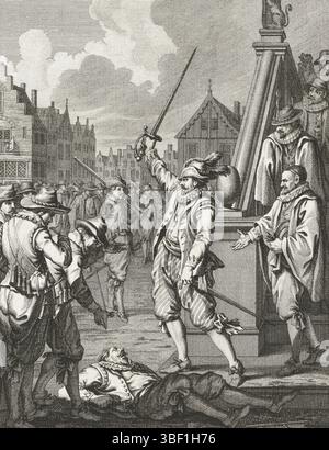Buys, Jacobus, Buys, Nordholland, King, Theodoor, Szenen aus dem Leben von Prinz Willem I., 1568-1584, unhöflicher Akt von Ruijhaver, in Alkmaar, Ao. 1573, Ruychaver nahe der Leiche eines spanischen Ratgebers in Alkmaar, 1573 Nicolaas Ruychaver nahe der Leiche eines spanischen Ratgebers warf er aus dem Fenster, Alkmaar 1573. Neunter Gesang. Hinter dem Druck ein Blatt mit handgeschriebenem Text über das Leben von Ruychaver., Druck, Frederik Müller Historyplaten, Höhe 185 mm, Breite 150 mm, 03.02.1748 - 1829-01-31, Druckerei, 1780 - 1780, viertes Viertel 18. Jahrhundert, Papier, Ätzen, Werkkonzeption, Noord- Stockfoto