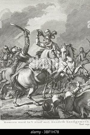 Amsterdam, Smit, Jan Willem, Amsterdam, J. Vermandel, Willem, Buys, Jacobus, Noordelijke Nederlanden, Koning, Theodoor, Taferelen uit het leven van Prinz Willem I., 1568–1584, Romero Wort i't End' Met hendrik Handgemeen, Schlacht zwischen Romero und Hendrik van Nassau bei Mons, 1572, Nordholland, Kampf zwischen Romero und Hendrik, Graf von Nassau, beide zu Pferd, während der Schlacht um Mons, 1572. Sechste Stimme., Druck, Historiker, Drucke, Frederik Müller historische Aufzeichnungen, Höhe 275 mm, Breite 220 mm, 1748-02-03-1829-31, Druckerei, 1780 - 1780, viertes Viertel 18. Jahrhundert, Papier, Stockfoto