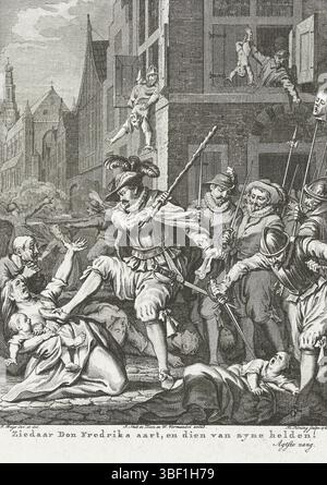 Amsterdam, Smit, Jan Willem, Amsterdam, J. Vermandel, Willem, Buys, Jacobus, Noordelijke Nederlanden, Koning, Theodoor, Taferelen uit het leven van Prinz Willem I., 1568–1584, Ziedan Don Fredriks aart, en dien van zyne heroden!, Murderd te Haarlem, 1573, Nordholland, Mordparty gegründet von Don Frederik und den spanischen Soldaten in Haarlem, 1573. Mütter und Kinder werden ermordet. 8. Gesang, Print, Historiker, Prints, Frederik Muller Historyplates, Höhe 275 mm, Breite 220 mm, 1748-02-03-1829-01-31, Druckmaschine, 1780-1780, viertes Viertel 18. Jahrhundert, Papier, Ätzen, Ätzen, Wor Stockfoto
