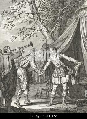 Buys, Jacobus, Buys, Nordholland, King, Theodoor, Bilder aus dem Leben von Prinz Willem I., 1568-1584, Begegnung zwischen Willem I. und Mondragon, Ao. 1573, Treffen zwischen Orange und Mondragon, 1573, Treffen zwischen Willem van Oranje und Mondragon für ein Armeezelt in der Nähe von Middelburg, 1573. Elfte singend., Druck, Historiker, Drucke, Frederik Müller historische Aufzeichnungen, Höhe 185 mm, Breite 150 mm, 1748-02-03-1829-31, Druckerei, 1781 - 1781, viertes Viertel 18. Jahrhundert, Papier, Ätzen, Werkkonzeption, Noord-Nederlands, 19. 11. 1724. 04. 07. 1801, nach Entwurf durch einen zwischengeschalteten Dramaturgen Stockfoto