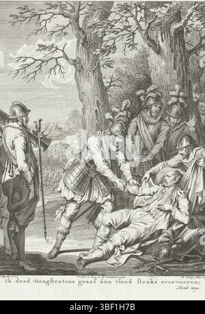 Amsterdam, Smit, Jan Willem, Amsterdam, J. Vermandel, Willem, Buys, Jacobus, Noordelijke Nederlanden, Koning, Theodoor, Taferelen uit het leven van Prinz Willem I., 1568–1584, ich habe Hoogstratens Graf den Flut bald außer Kraft gesetzt, Dood van de Graaf van Hoogstraten, 1568, Nordholland, inmitten von Soldaten, Hände von Prinz Willem I. gehalten, 11. Dezember 1568. Dritter Gesang. Druck, Historiker, Drucke, Frederik Muller Historyplates, Höhe 275 mm, Breite 220 mm, 1748-02-03-1829-01-31, Druckmaschine, 1779-1779, viertes Viertel 18. Jahrhundert, Papier, Ätzen, Ätzen, Werkkonzeption, Noord-Nederlands, 1724- Stockfoto