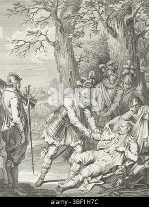 Buys, Jacobus, Buys, Nordholland, King, Theodoor, Bilder aus dem Leben von Prinz Willem I., 1568-1584, Tod des Grafen von Hoogstraaten. Anno 1568, Tod des Grafen von Hoogstraten, 1568, unter Soldaten, Hand gehalten von Prinz Willem I., 11. Dezember 1568. Dritter Gesang., Druck, Historiker, Drucke, Frederik Muller History Records, Höhe 185 mm, Breite 150 mm, 02.02.03 - 1748 1829-01-31, Printmaker, 1779 - 1779, viertes Viertel 18. Jahrhundert, Papier, Ätzen, Ätzen, Werkkonzeption, Noord-Nederlands, 19. 11. 1724. 04. 1801, nach Entwurf eines zwischengeschalteten Dramaturgen Stockfoto