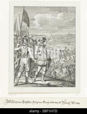 Buys, Jacobus, Buys, Nordholland, King, Theodoor, Bilder aus dem Leben von Prinz Willem I., 1568-1584, Willem den Eersten, Prinz von Orange überquert die Maas Ao. 1568, die Armee des Fürsten überquert die Maas, 1568, Willem van Oranje, der im Vordergrund zwischen seinen Offizieren steht, zeigt seiner Armee den Weg beim Überqueren der Maas, Oktober 1568. Erster Gesang., Druck, Historiker, Drucke, Frederik Müller History Records, Höhe 185 mm, Breite 150 mm, 02.02.03 - 1748 1829-01-31, Printmaker, 1779 - 1779, viertes Viertel 18. Jahrhundert, Papier, Ätzen, Ätzen, Werkkonzeption, Noord-Nederlands, Stockfoto