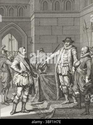 Buys, Jacobus, Buys, Nordholland, King, Theodoor, Bilder vom Leben von Prinz Willem I., 1568-1584, Gefängnis des Grafen von Bossu, Ao. 1573: Orange gibt Bossu an Hoorn zurück, 1573: Willem van Oranje bringt Bossu an sein Schwert zurück, 1573. Zehntes Singen, Drucken, Geschichtsdrucke, Drucke, Frederik Müller Geschichtenblätter, Höhe 185 mm, Breite 150 mm, 02.02.03 - 1748 1829-01-31, Druckerei, 1781 - 1781, 4. Quartal 18. Jahrhundert, Papier, Ätzen, Ätzen, Work Conception, North-Nederlands, 19. 11. 1724. 04. 1801, nach Entwurf des Intermediärs Draughtersman Stockfoto